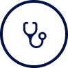 Blue circular icon featuring a stethoscope in a heart shape, symbolizing healthcare or medical services. the icons are white against a dark blue background.